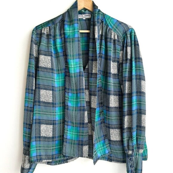 Vintage Pierre Segade France Blue Green Plaid Neck Bop Long Sleeve Blpouse M/L - Picture 1 of 9